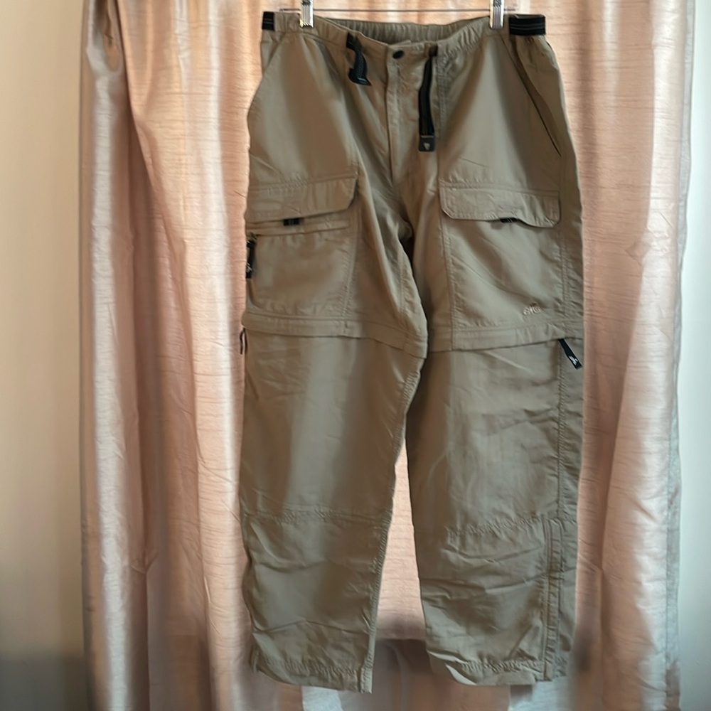 Men’s EMS convertible hiking pants, tan with black belt, size 36